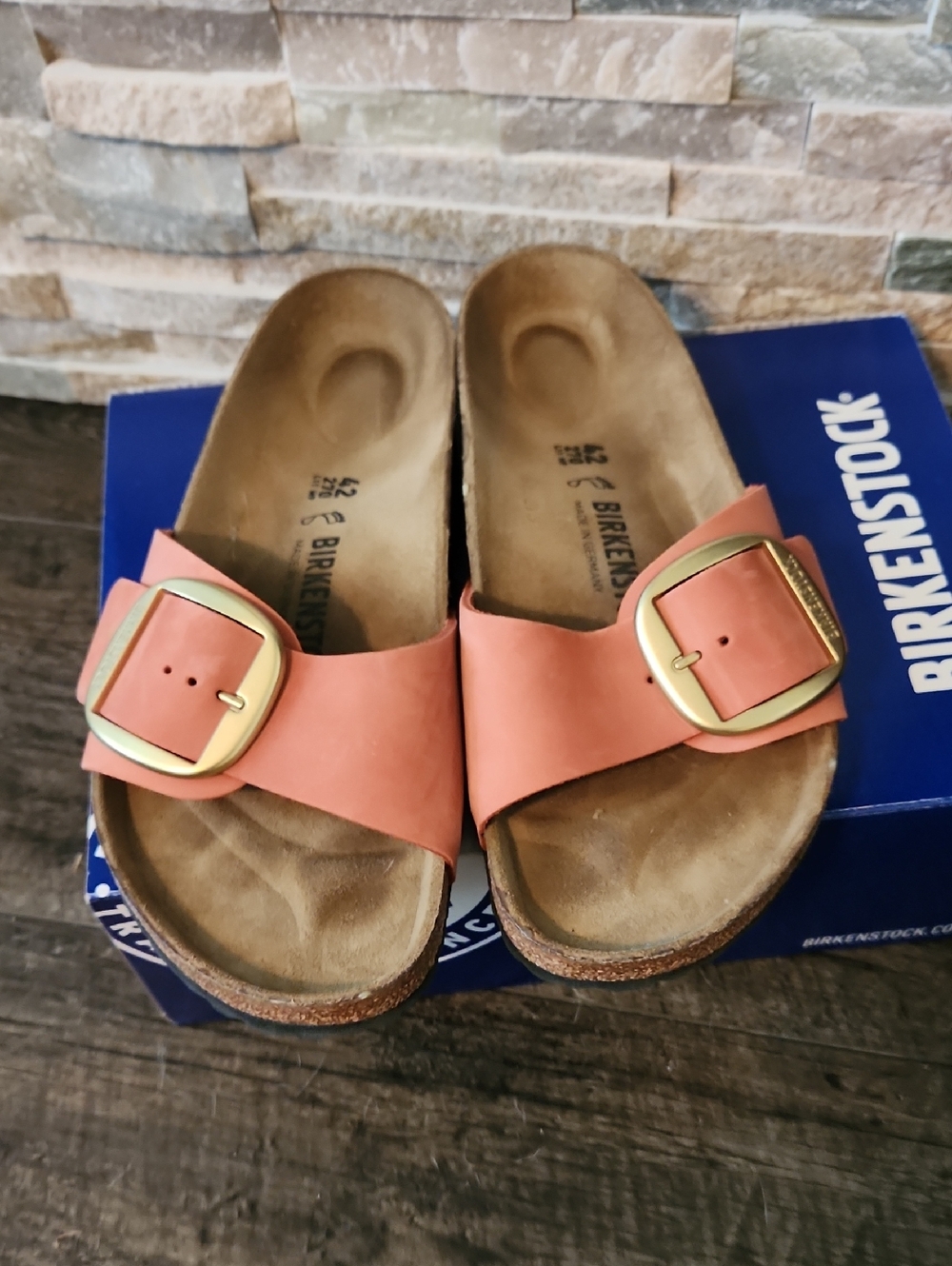 Birkenstock Madrid Nubuk Slide Sandals - Coral with Gold Buckles